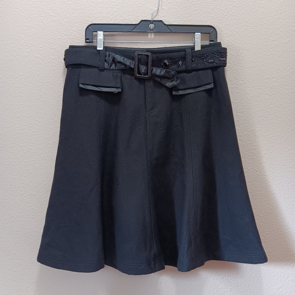 Hazel Wool Blend Skirt Large Belted Lined Black